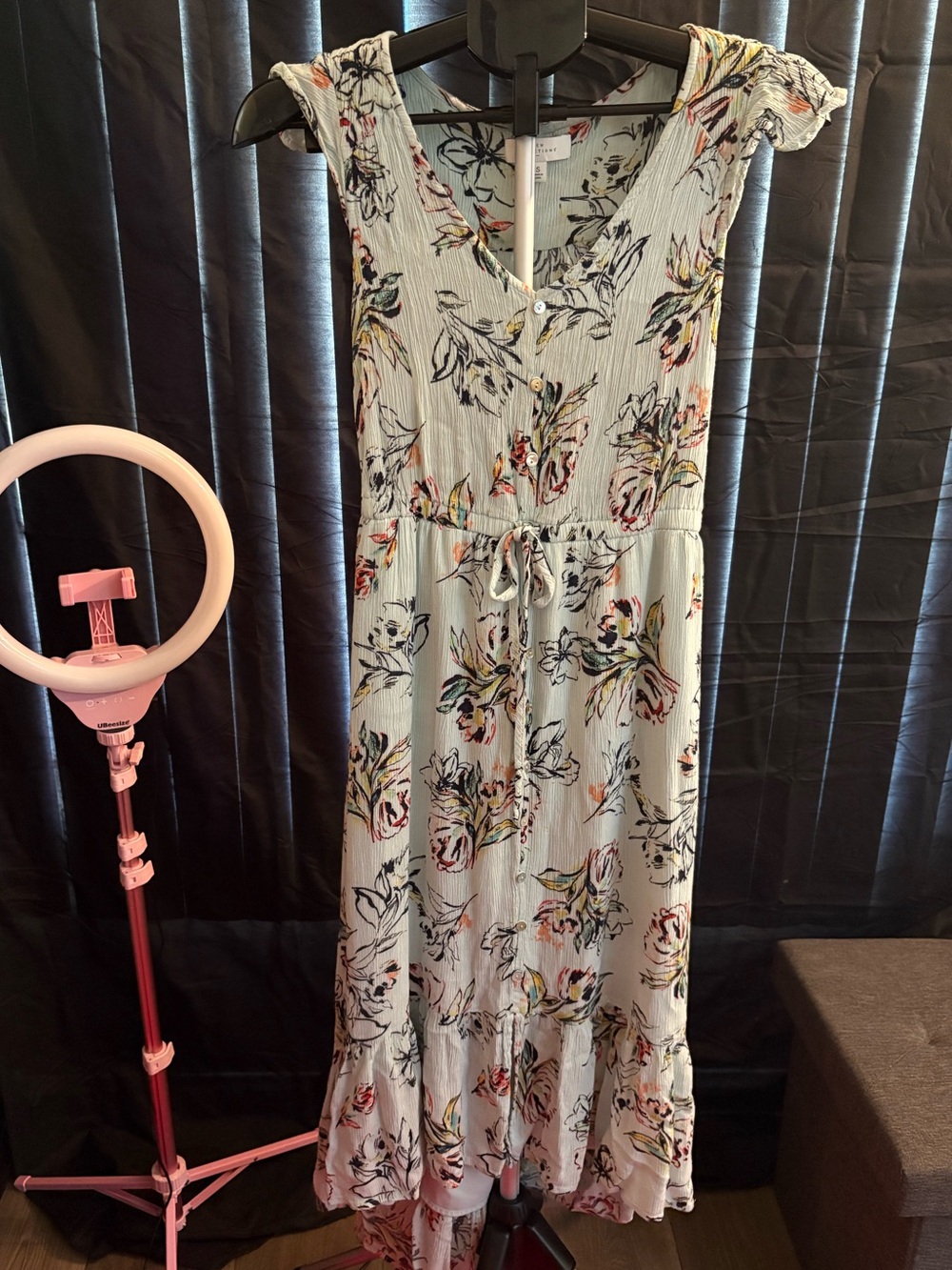 new directions Floral V-Neck Tie-Waist Sleeveless Maxi Dress - Light Blue Multi